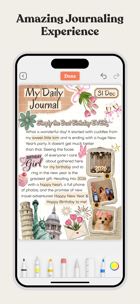 Planner, Journal, To-Do List - PlanWiz app interface showing a creative digital journal page with photos stickers and handwriting tools