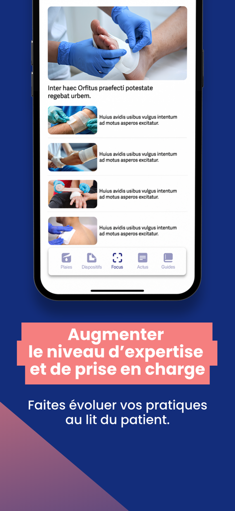 Interface de l'application mobile e-Pansement présentant des actualités cliniques sur les soins des plaies et des guides professionnels