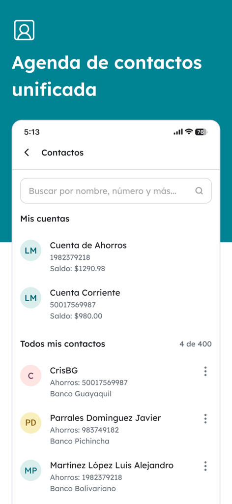Banco Bolivariano - Unified contact agenda in the Banco Bolivariano app showing personal bank accounts and saved contacts for transfers.