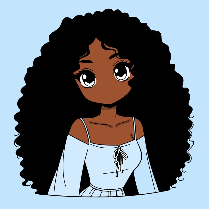 a black anime girl with long afro hair