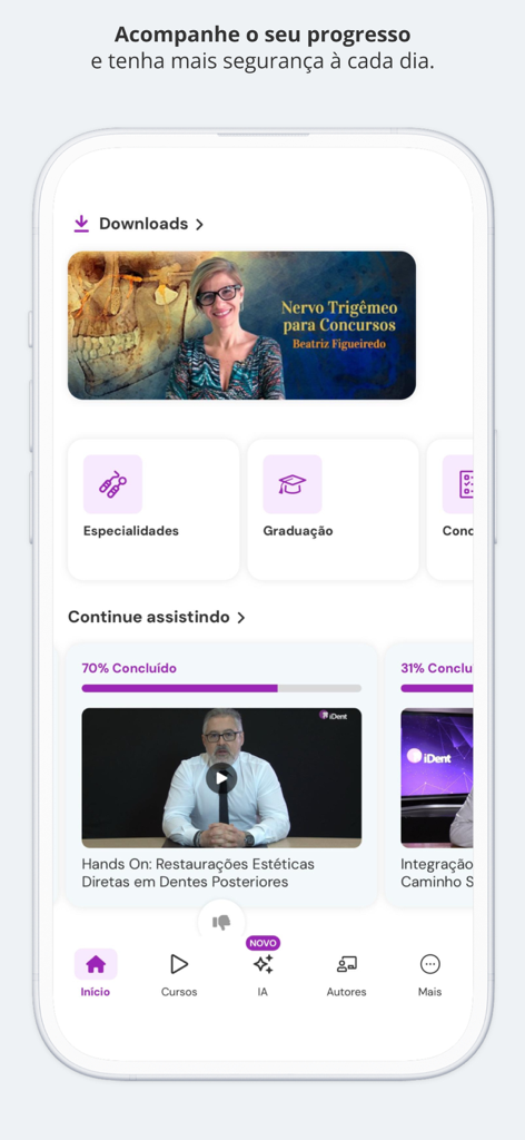 Mobile app interface of Ident for dentists showing course progress tracking and clinical education categories