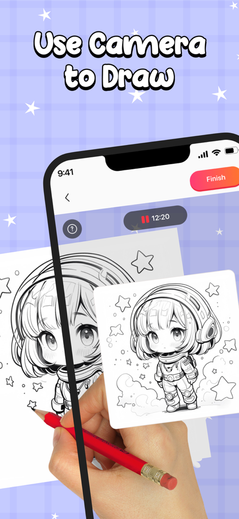 AR Drawing: Draw Sketch, Paint - 人物がスマートフォンカメラを使って、紙にアニメキャラクターのスケッチを鉛筆でトレースしている様子。