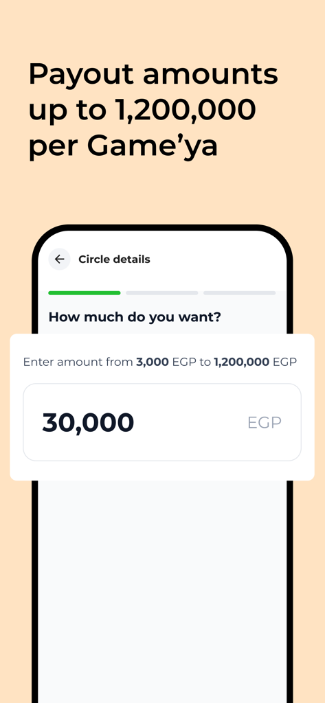 Money Fellows app screen for choosing payout amounts in a digital savings circle