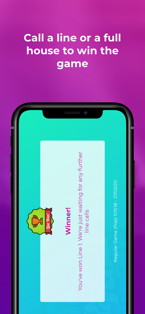 Rock and Roll Bingo Music Quiz - A smartphone screen showing a winner notification in the Rock and Roll Bingo music quiz app after completing a game line