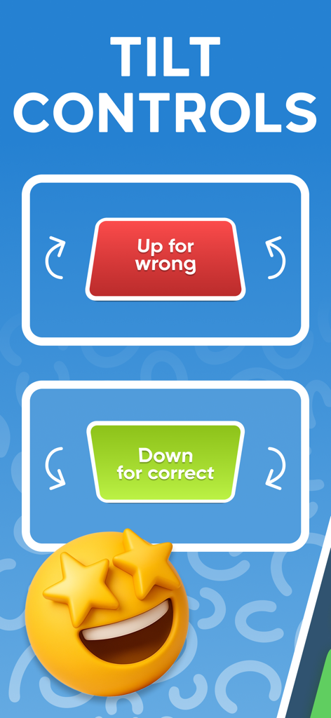 Charades For Adults: Hot Heads - Tutorial screen for Charades For Adults showing tilt controls for correct and wrong answers with a star eye emoji.