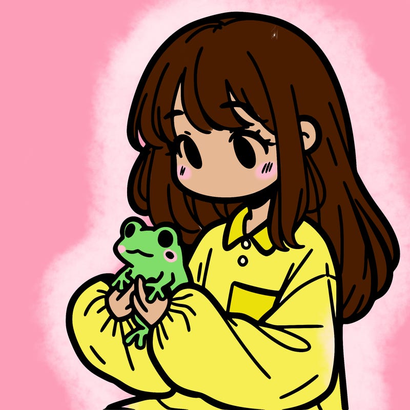 girl with long hair and a oversized shirt. and she is holding a frog
