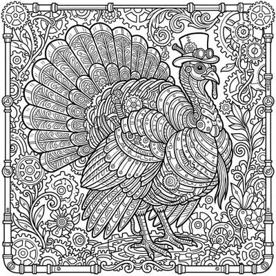 Discover an extraordinary wild turkey reimagined with intricate steampunk artistry, adorned with gears, cogs, and Victorian flair. This unique coloring page offers a captivating blend of nature and retro-futuristic fantasy, perfect for creative minds.