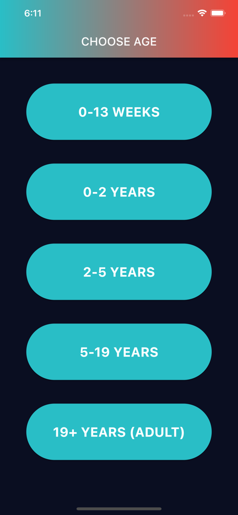 Ideal Weight & BMI Calculator - Age selection screen for infant child and adult BMI calculators