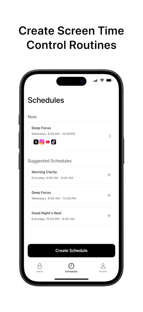 Interface of the No Scroll app showing custom and suggested schedules like Deep Focus and Morning Clarity to limit screen time.