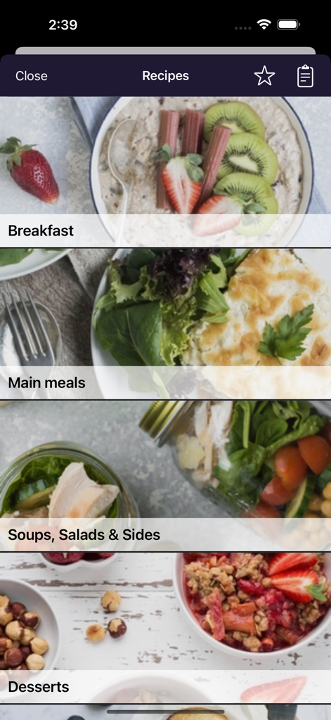 Tela de categorias de receitas no aplicativo Monash FODMAP Diet mostrando café da manhã, pratos principais e sobremesas