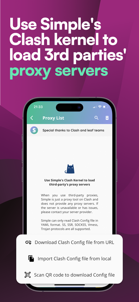 SimpleLink VPN - SimpleLink VPN interface showing options to import third party Clash configuration files