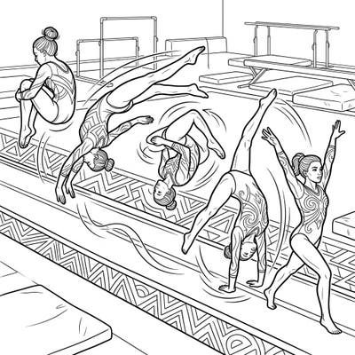 Experience the exhilarating world of gymnastics with this captivating coloring page featuring powerful tumbling gymnasts. Perfect for teens, this intricate design captures every dynamic flip, twist, and landing.