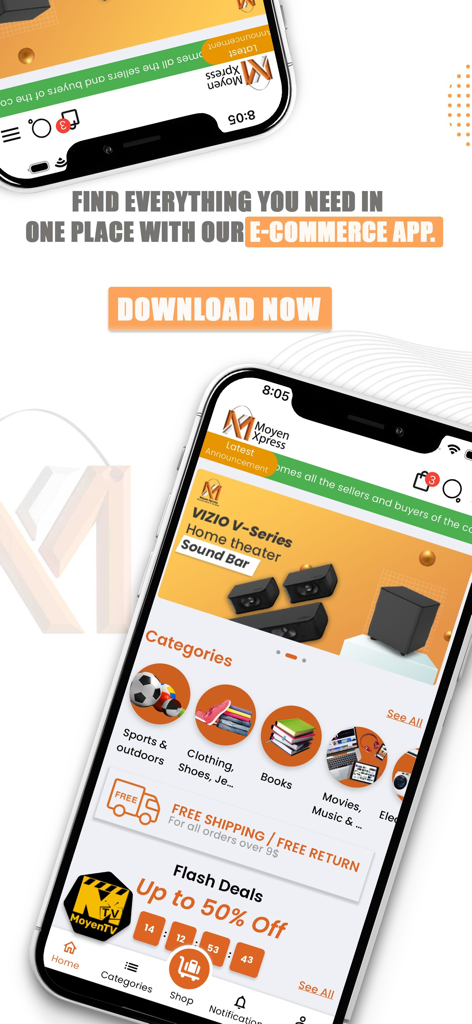 Moyen Xpressモバイルアプリ。eコマース商品とカテゴリが表示されています