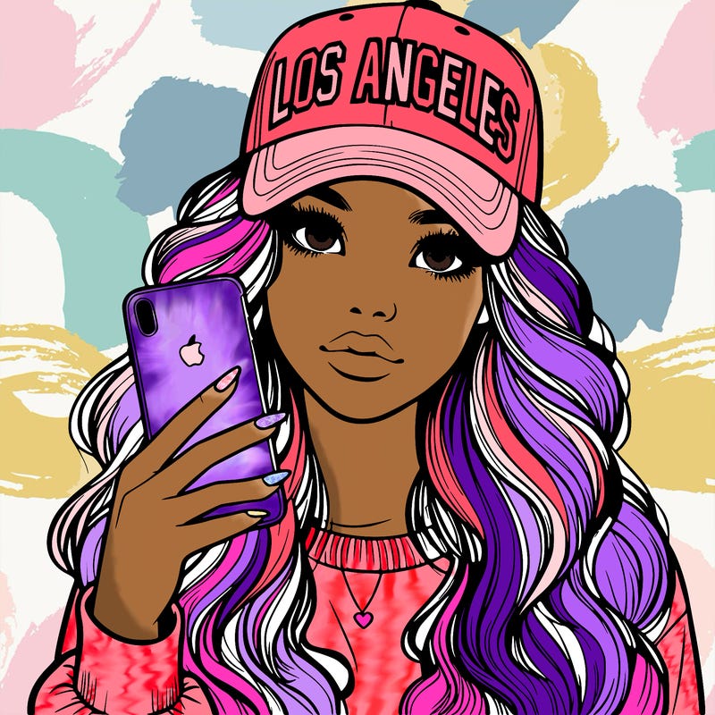 realistic beautiful girl wearing los ángeles cap holding an iphone