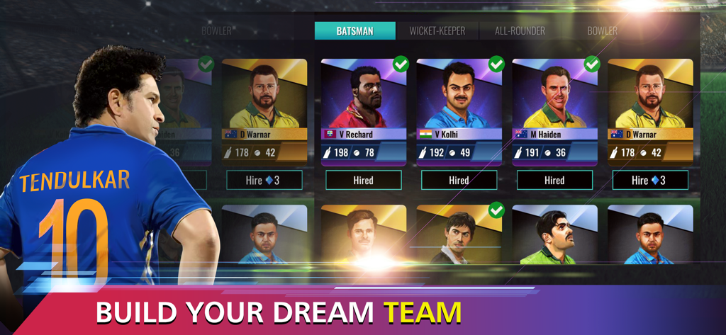 Sachin Saga Cricket Champions - Sachin Saga Cricket Champions game screen showing a roster of legendary players and the text Build Your Dream Team