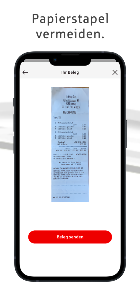Sparkasse Business - Interface of the Sparkasse Business app showing a scanned receipt for digital accounting and expense management