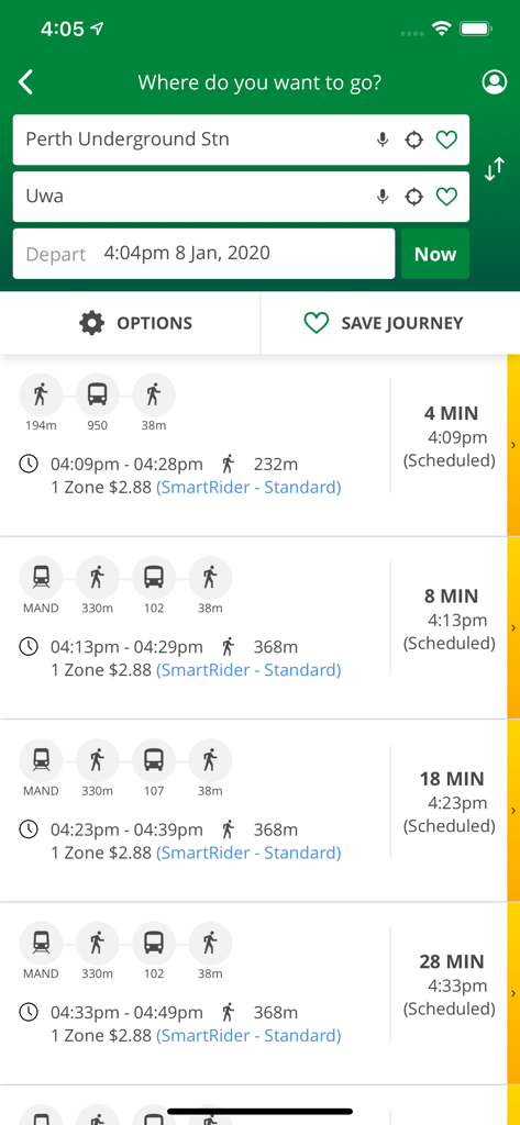Transperth app journey planner screen showing transit routes and travel times from Perth Underground to UWA