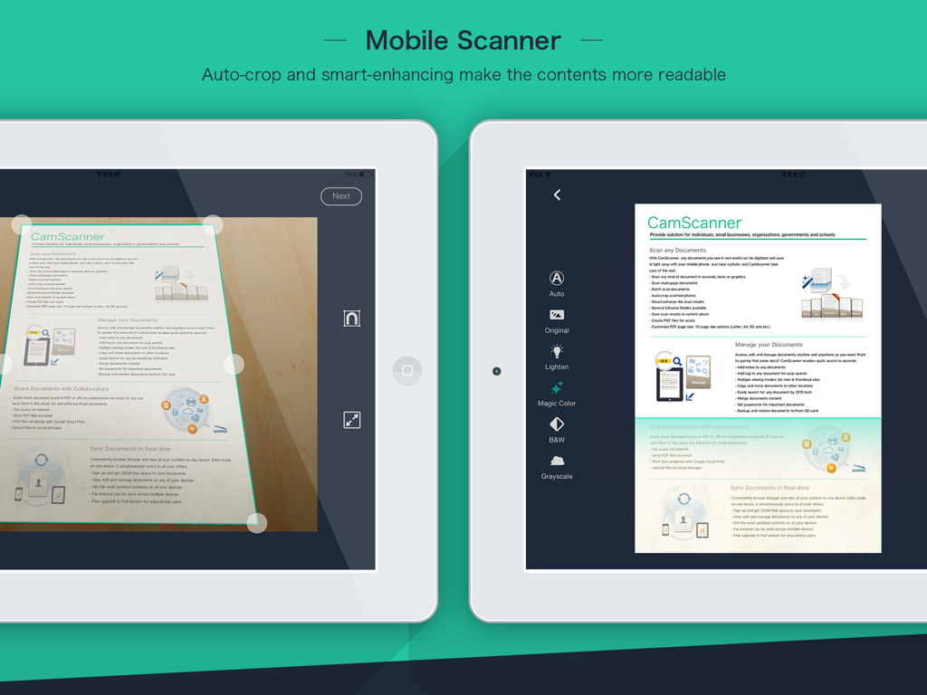 CamScanner HD - Aplicación CamScanner HD en iPad mostrando recorte automático y funciones de mejora de documentos para escaneo móvil