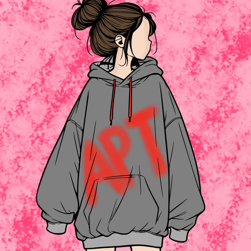 realistic girl with a oversized sweatshirt on and a bun
