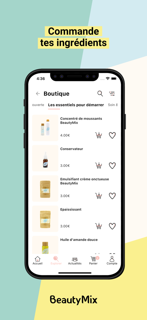 BeautyMix - BeautyMix app interface showing the in-app shop with various natural ingredients for DIY cosmetics like almond oil and emulsifiers