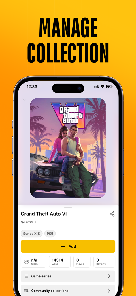Stash app interface showing Grand Theft Auto VI game details for collection management