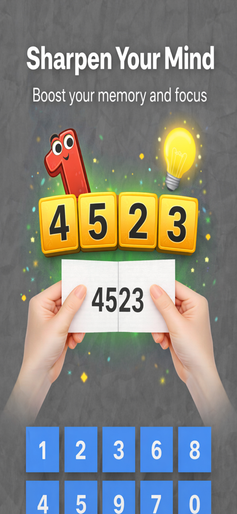 Number Challenge: Brain Game - 정신을 날카롭게 하라는 문구가 있는 숫자 기억력 챌린지를 보여주는 모바일 게임 스크린샷.