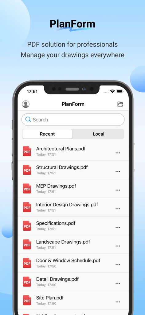 PlanForm - PlanForm 앱 인터페이스에서 건축 평면도 및 구조 도면을 포함한 AEC PDF 도면 목록 표시