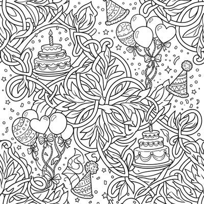 Unleash your creativity with this enchanting coloring page, blending the intricate beauty of Celtic leaf knots with festive birthday cheer. Discover cakes, balloons, and party hats interwoven into a mesmerizing design, perfect for a joyful coloring session.