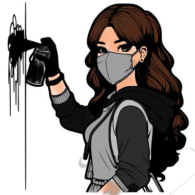 realistic girl with mask spray painting a wall