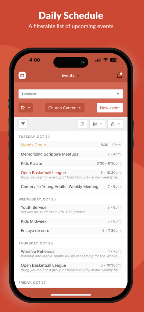 Mobile interface of Planning Center Calendar showing a daily schedule of church events