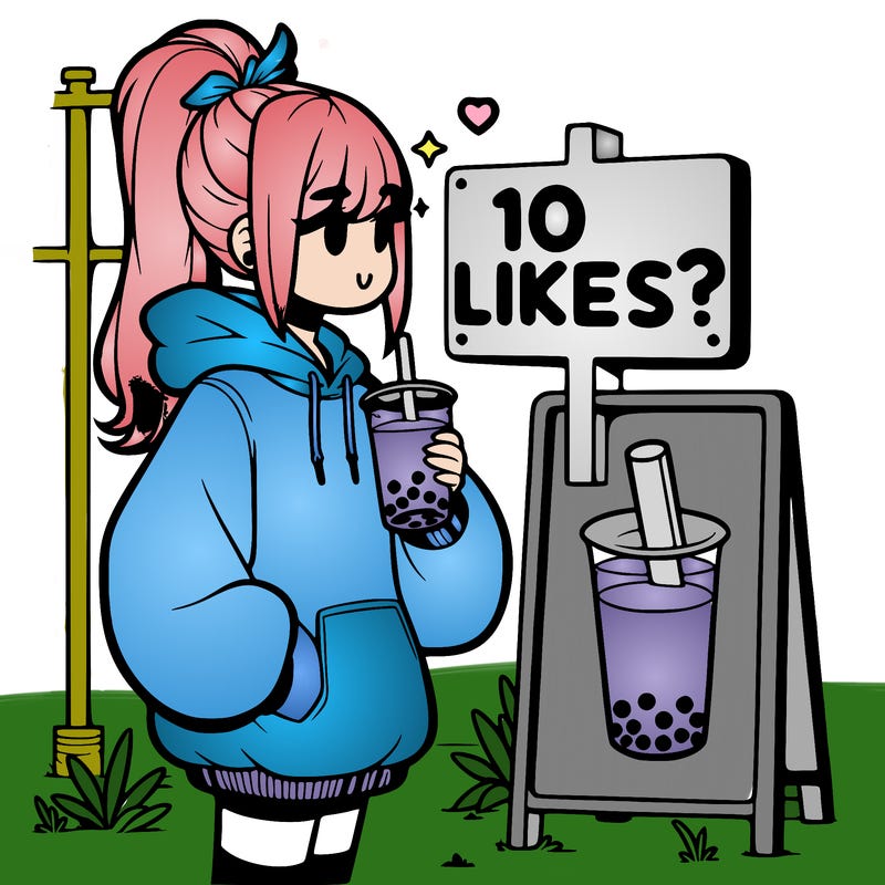 girl with oversized hoodie drinking boba and she has a high ponytail with a sign that says 10likes?