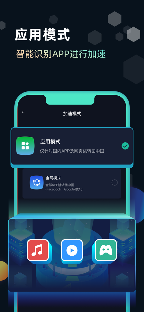 Kuaifan Accelerator interface showing smart application mode for gaming and streaming