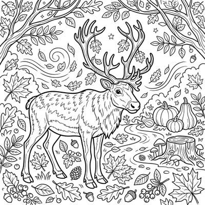 Step into a charming autumn scene with this intricate coloring page featuring a majestic male reindeer. Adorned with large antlers and surrounded by falling leaves and harvest delights, it's a perfect blend of nature and seasonal festivity.