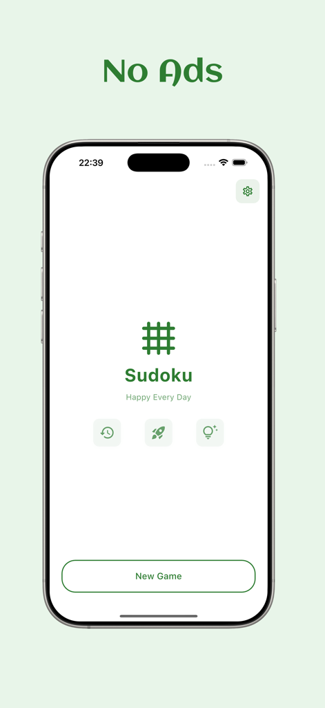 Sudoku Clean - No ads - Minimalist home screen of the Sudoku Clean app featuring a no-ads title and a clean green and white interface.