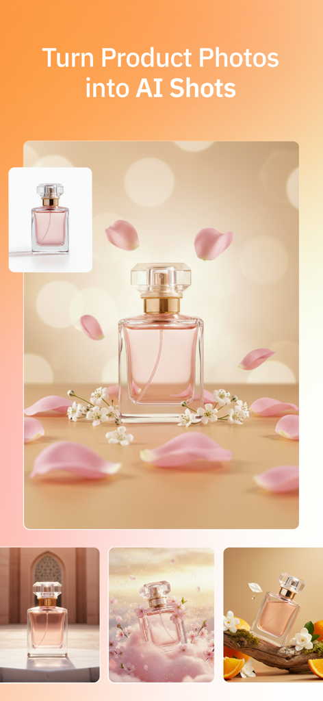Nahr: AI Design & Photo Editor - AI-powered transformation of a simple perfume bottle photo into various professional studio-quality shots with elegant backgrounds