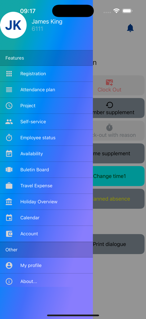 Sidebar navigation menu in the Worklinq app showing features like registration and attendance plan