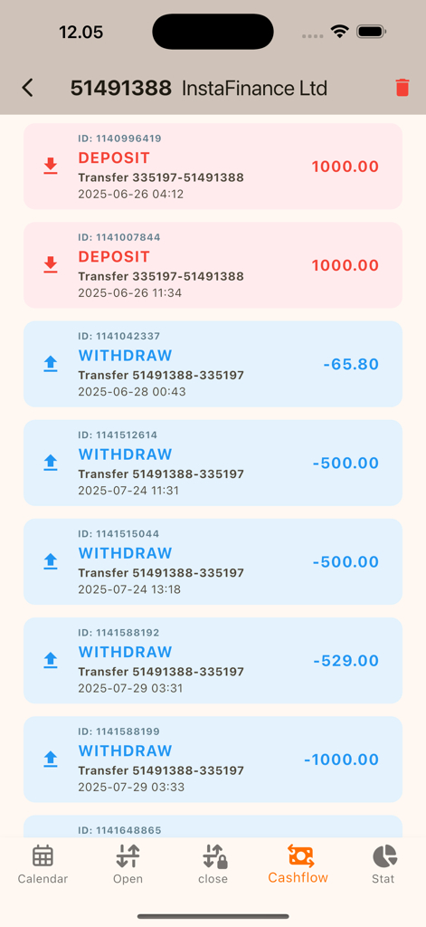 Screenshot des Cashflow-Bildschirms, der Ein- und Auszahlungstransaktionshistorie in der Trader Journal und Calc App anzeigt