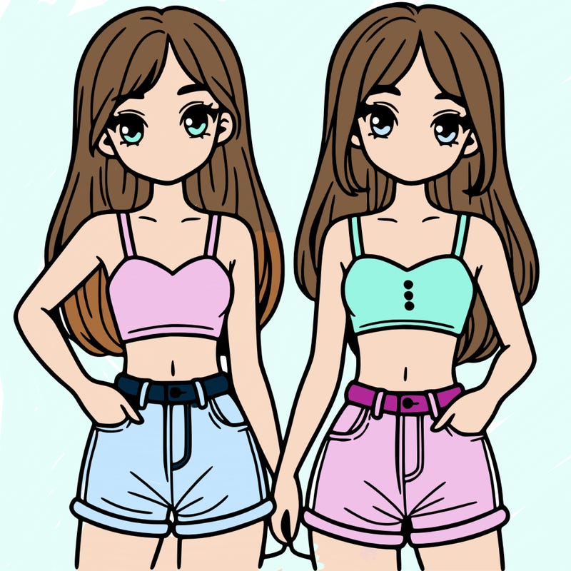 two sisters with crop tops and jean shorts and straight hair