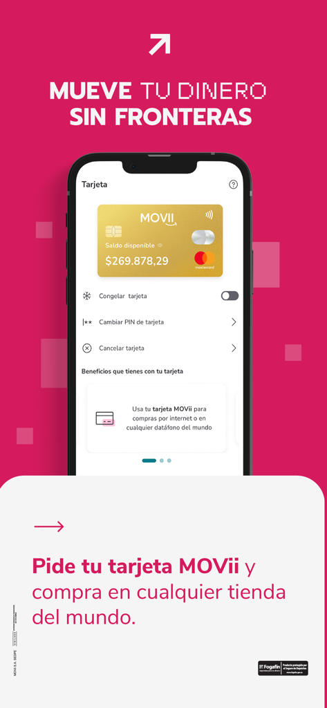 MOVii - Pantalla de la aplicación móvil MOVii mostrando una Mastercard dorada con el lema Mueve tu dinero sin fronteras