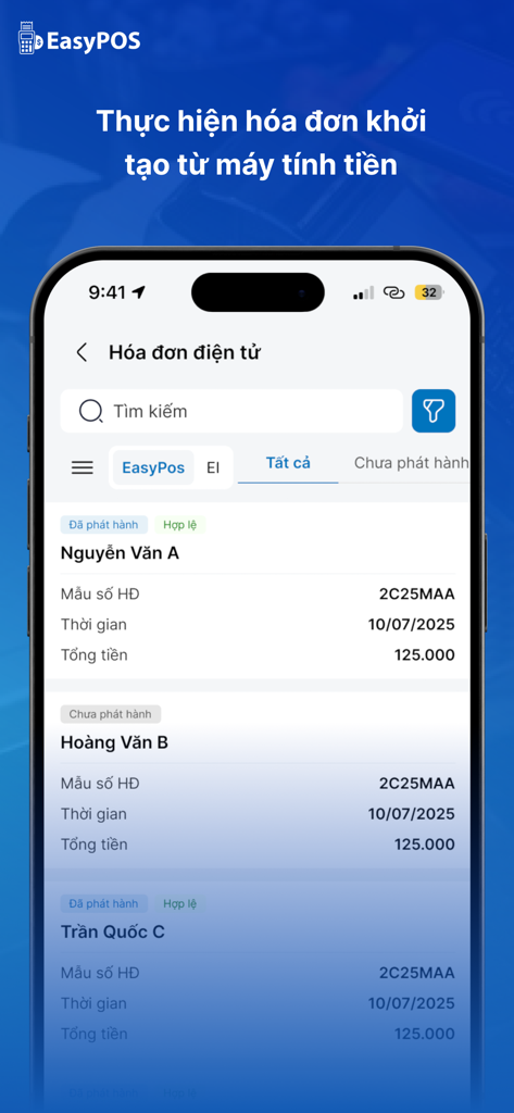 Easy Pos - Interface do aplicativo móvel Easy Pos mostrando uma lista de faturas eletrônicas com detalhes do cliente e valores de transação