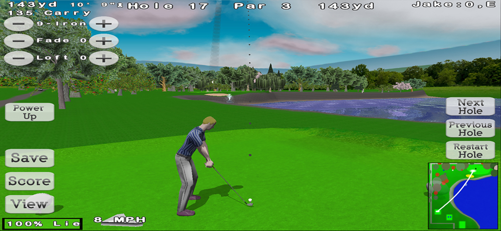 Nova Golf Lite - Nova Golf Lite gameplay showing a golfer preparing for a shot on a 3D course with shot stats and a mini-map