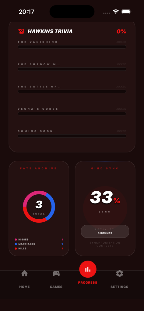 Stranger Things Quiz & Trivia - Mobile App-Fortschrittsbildschirm mit gesperrten Trivia-Stufen und Spielstatistiken für Stranger Echoes