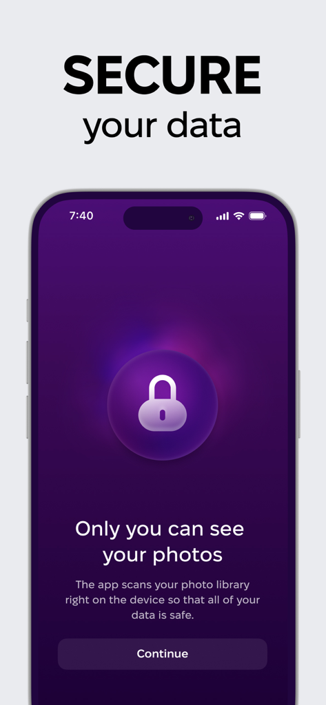CleanMy®Phone: Cleanup Storage - Pantalla de la aplicación CleanMyPhone destacando el escaneo en el dispositivo para máxima privacidad de fotos y seguridad de datos