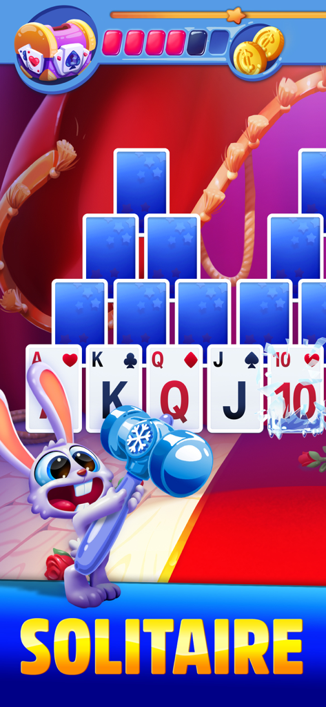 Solitaire Showtime - A cute bunny character holding an ice hammer in front of a solitaire card game layout