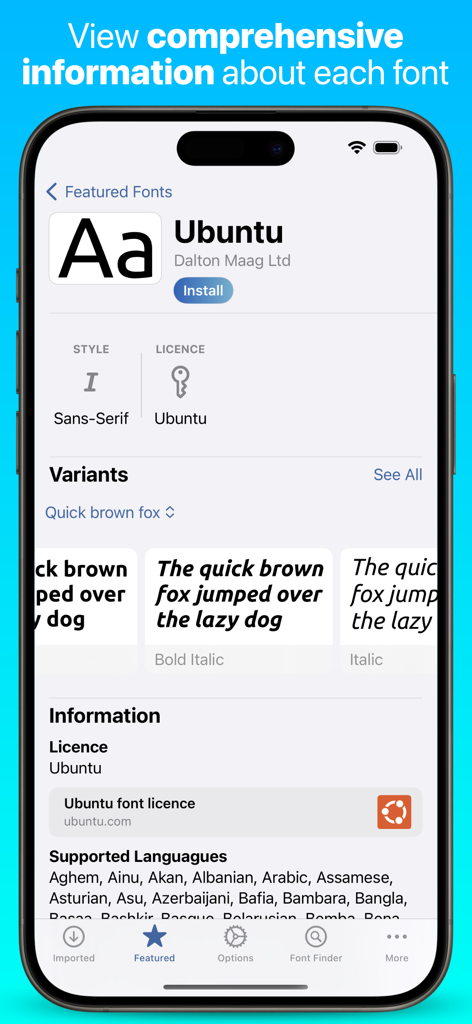 iFont: find, install any font - Una captura de pantalla de la aplicación iFont que muestra información detallada y variantes de la fuente Ubuntu en un iPhone.