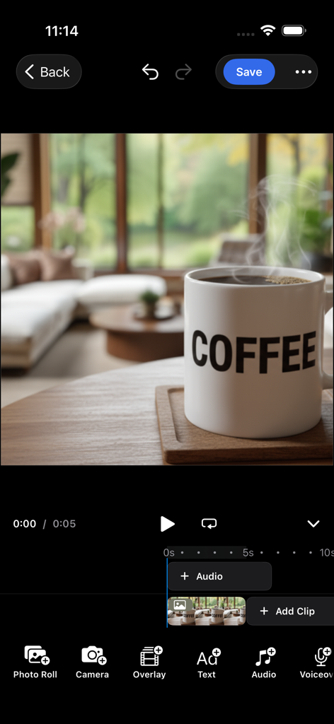 Freepik AI: Video Generator - Mobile video editing interface in Freepik AI app showing a cinematic video of a steaming coffee mug on a wooden table