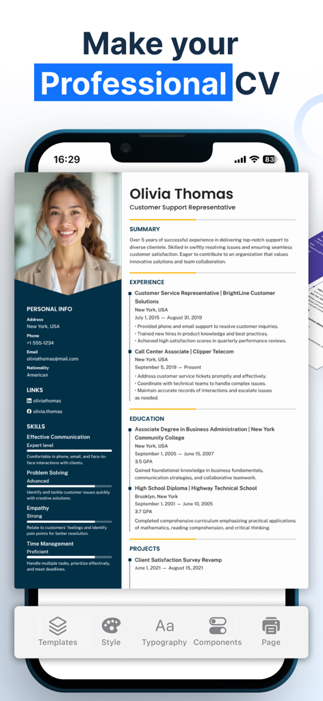 WeBuildCV: Resume Maker PDF AI - Um modelo de CV profissional exibido em um telefone celular na interface do aplicativo WeBuildCV.