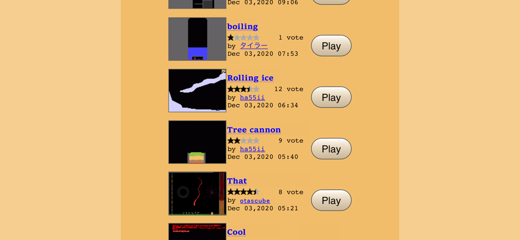A list of community-uploaded physics simulations in the Powder Game app showing titles like boiling and rolling ice with star ratings and play buttons