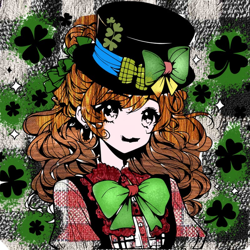 a manga-style girl with clovers around her, a little hat in her hair, like it's saint patrick's day