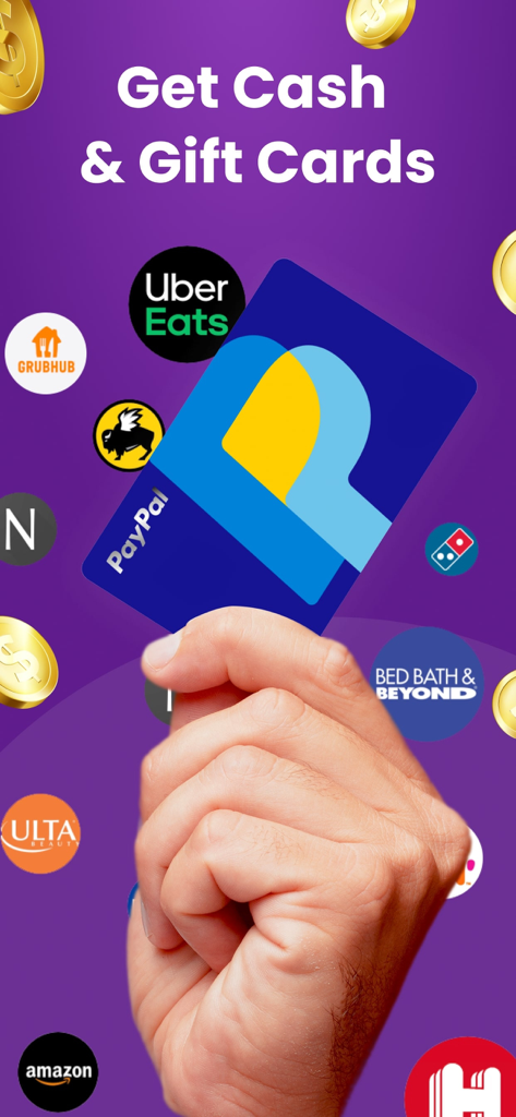 KashKick: Get paid to have fun - Una mano sosteniendo una tarjeta PayPal rodeada de logotipos de tarjetas de regalo de marcas como Uber Eats y Amazon.